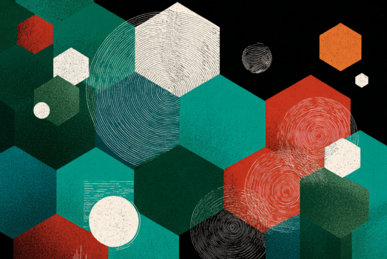 Hexagons and circles arranged in flat geometric shapes.