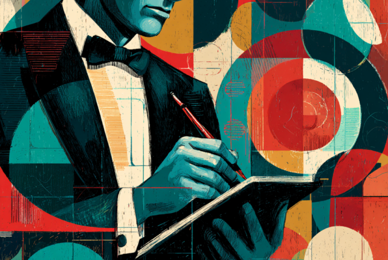 A butler in a tuxedo writing an order in a notebook.