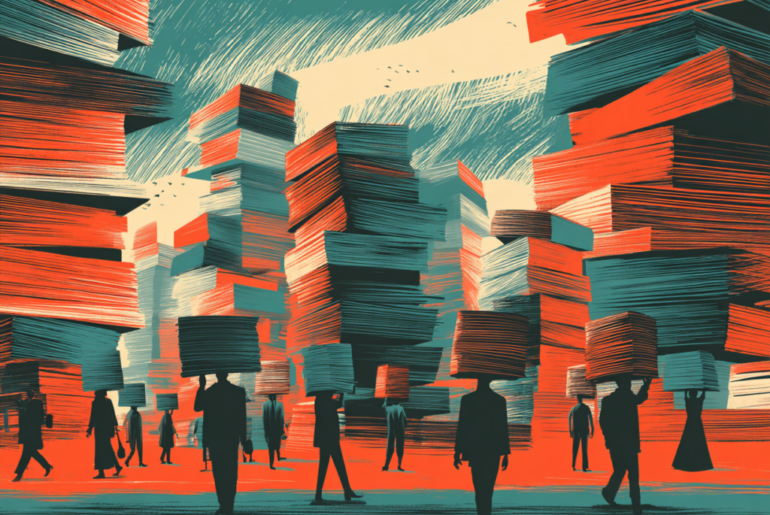 Abstract people carry large heaps of paper. Towers of paper in the background behind them.